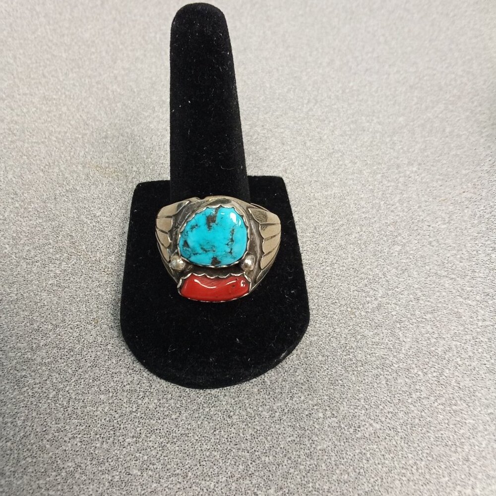 Native American Handcrafted Turquoise & Red Coral Handmade Ring Size 13.5